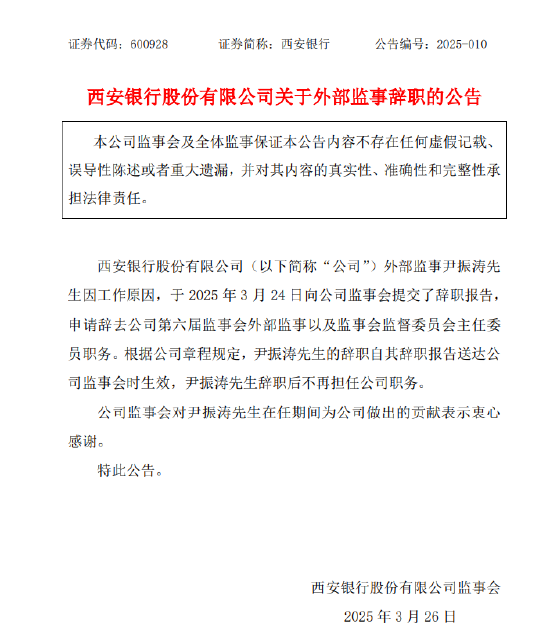西安银行：尹振涛因工作原因辞去辞去第六届监事会外部监事以及监事会监督委员会主任委员职务