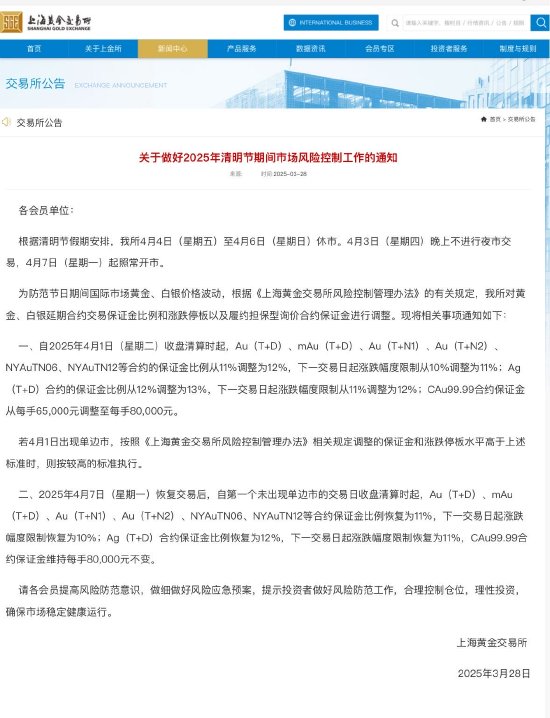 上金所：关于做好2025年清明节期间市场风险控制工作的通知