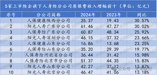 排行榜丨上市险企十大分公司排名，人保财险广东、国寿苏分分列产寿第一！人保健康跻身top10
