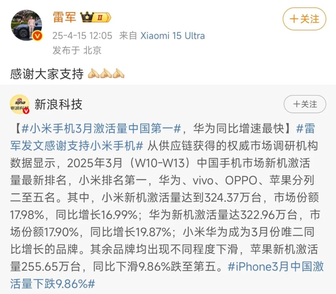 雷军杀回来了，小米拿下全国第一