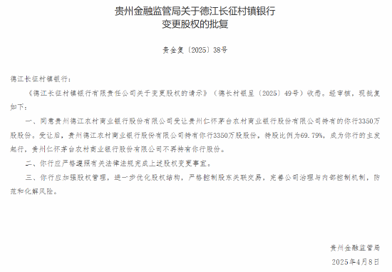 茅台农商行：转让6家所持村镇银行股份获批
