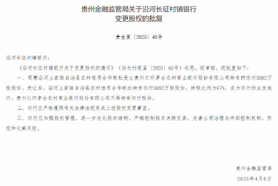 茅台农商行：转让6家所持村镇银行股份获批