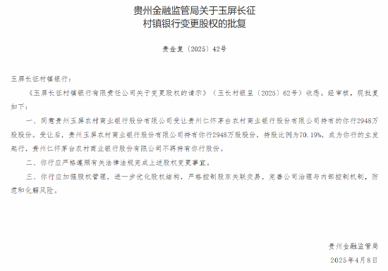 茅台农商行：转让6家所持村镇银行股份获批