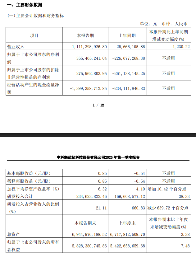 寒武纪 2025 年第一季度营收 11.11 亿元同比增长 4230.22%，实现扭亏为盈