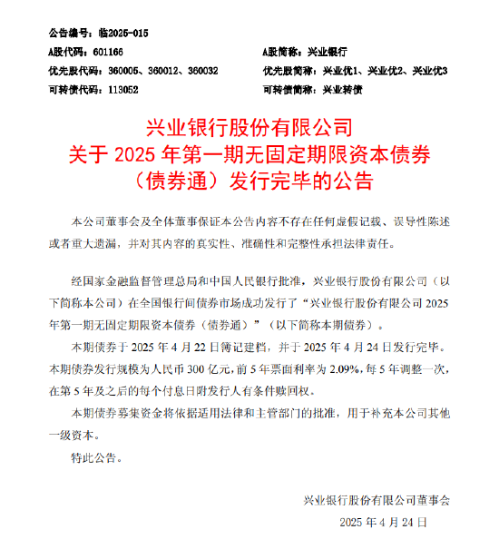兴业银行：300亿元无固定期限资本债券(债券通)发行完毕