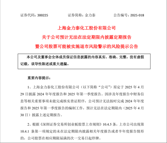 年报“难产”！300225或“披星戴帽”