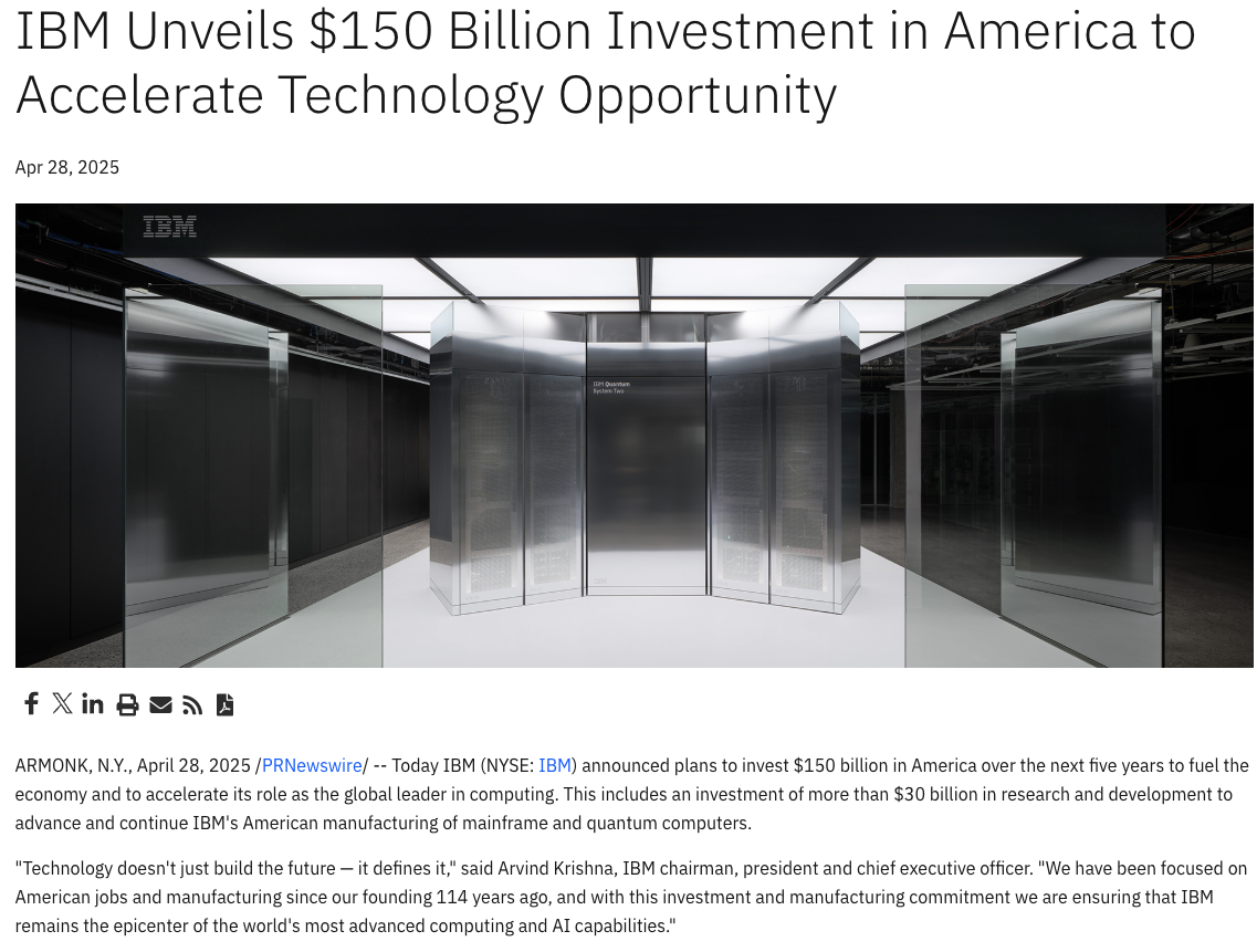 IBM宣布1500亿美元投资计划 推动AI大型机、量子计算设备研发制造